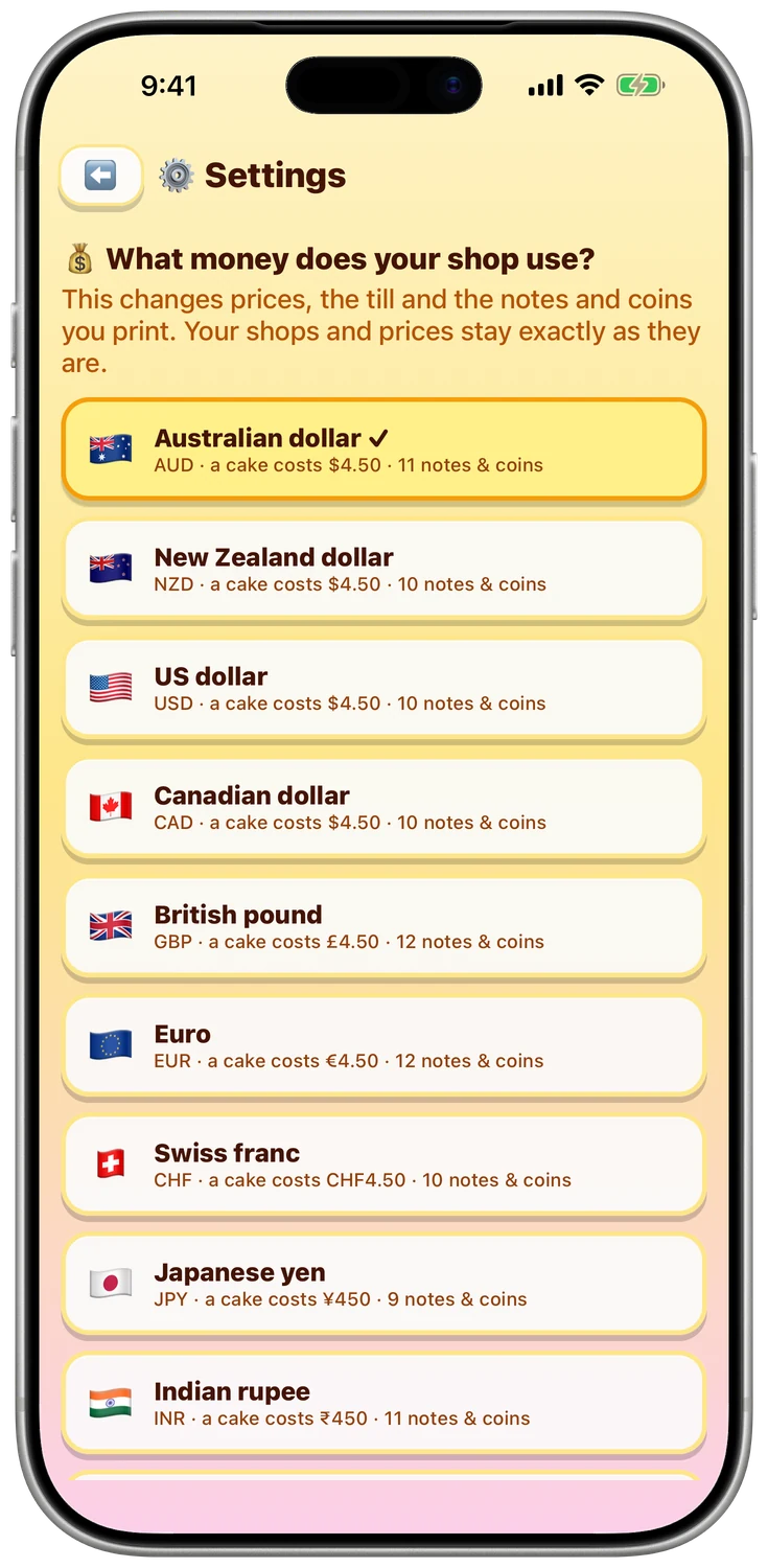 The currency settings screen: Australian dollars, US dollars, pounds, euros, yen and more, each with real notes and coins