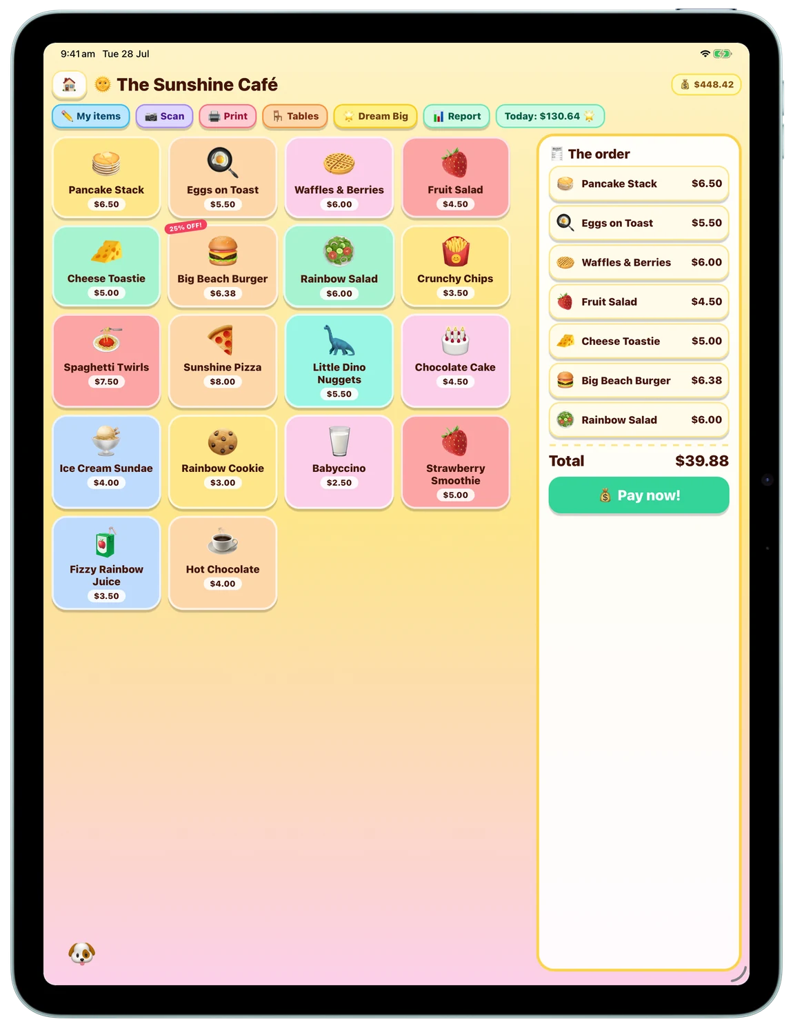 The register on an iPad Air: the cafe's full shelves and the order with its Pay button, side by side