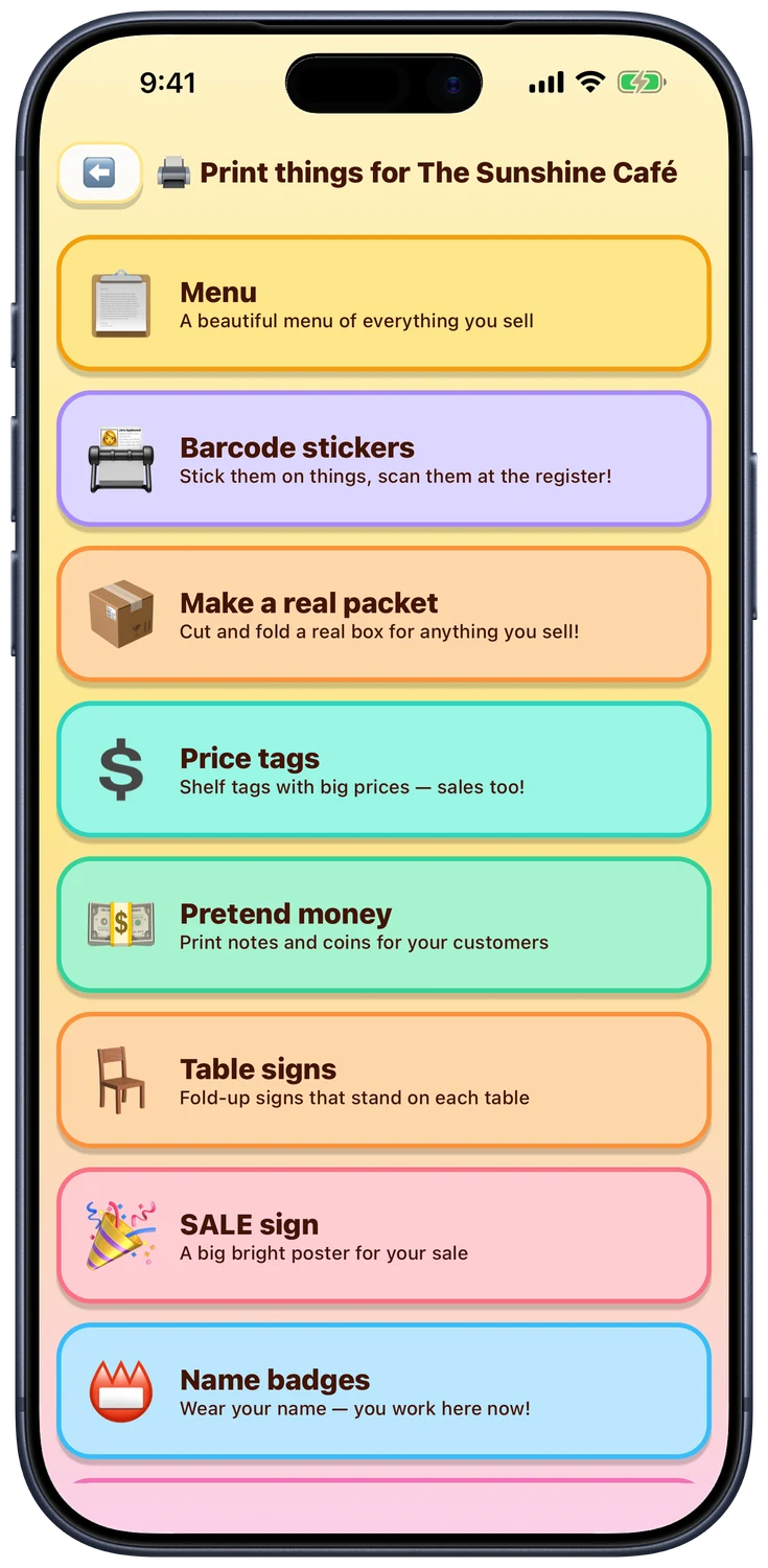 The app's own print screen: barcode stickers, price tags, pretend money, SALE signs and receipts