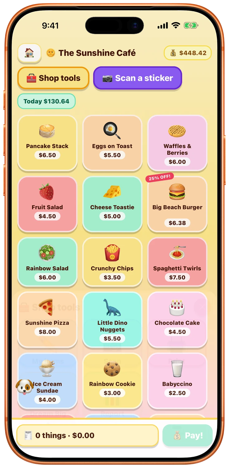The My Little Shop register screen on an iPhone: a cafe full of colourful food with prices, and a Pay button