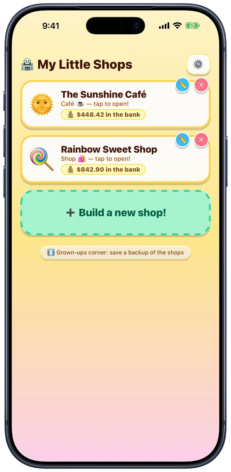 Your own little high street - Every shop lives on the home screen with its name, its picture and its bank. Run a cafe and a sweet shop side by side, or knock one down and build a pub.
