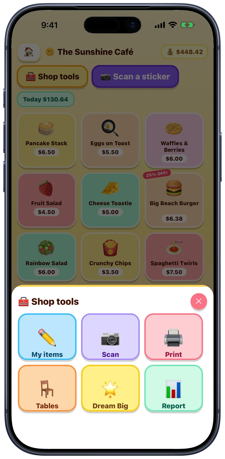 Shop tools - My items, Scan, Print, Tables, Dream Big and Report - the six drawers behind the counter of every shop.